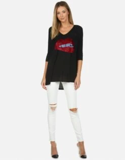 Eva X Crystal Biting Lip -Lauren Moshi Shop lauren moshi X crystal biting lip long sleeve v neck pullover 2090 MMS X13056 BLK 02